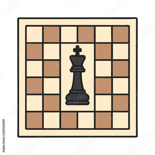 A single black chess king piece standing on a brown and beige chessboard with a black outline, symbolizing strategy and focus in a game of chess.