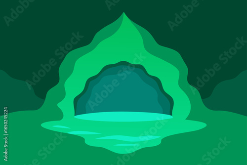 Abstract layered cave with tranquil water reflecting an ethereal, serene atmosphere