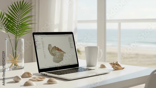 Wallpaper Mural Laptop Displaying Seashells by Ocean View Window Torontodigital.ca