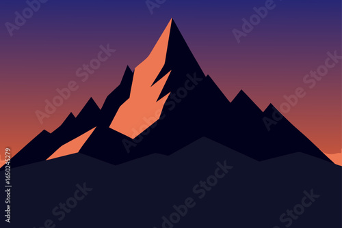 Stunning mountain peak silhouette at sunset, vibrant colors of orange and purple sky