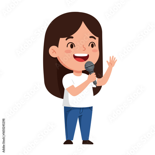 Cheerful cartoon girl holding microphone and waving happily.