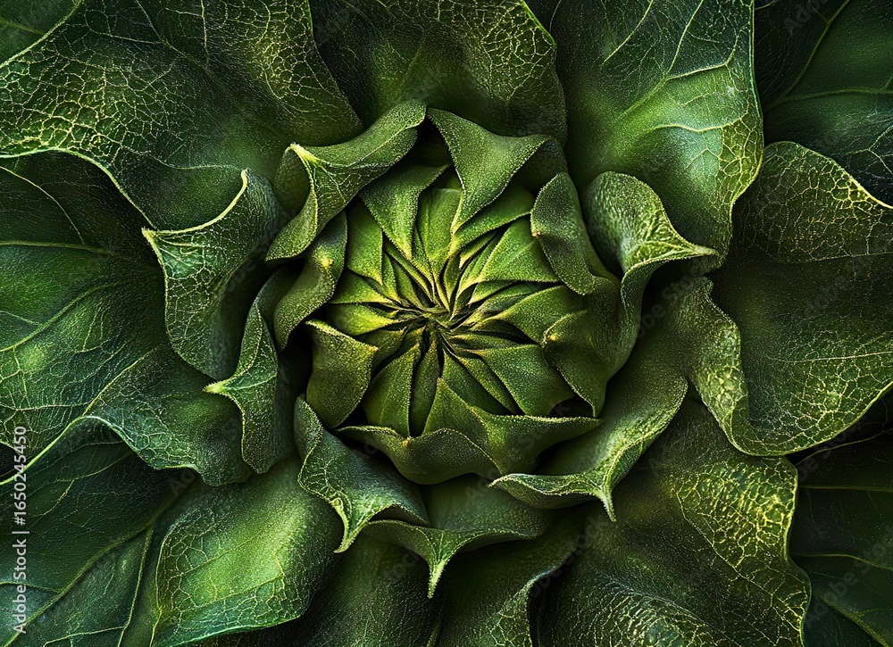 Fototapeta premium Close-up of a green sunflower bud with leaves, macro photograph, top view. Green nature background. Sunflowers ready to bloom in the garden. Stock photo, copy space, high resolution, high detail, high