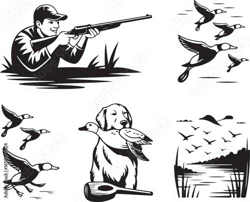 Hunter aims shotgun at flying ducks with loyal dog