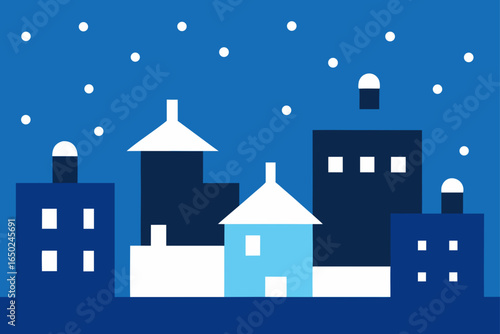 Minimalist winter townscape with falling snow creating a serene and comforting urban scene