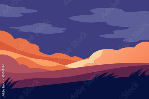 Stunning twilight landscape illustration with warm sunset colors and serene vibes evoking peace and tranquility