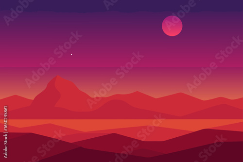 Stunning desert landscape with crimson sunset and mountains creates a calming and serene atmosphere