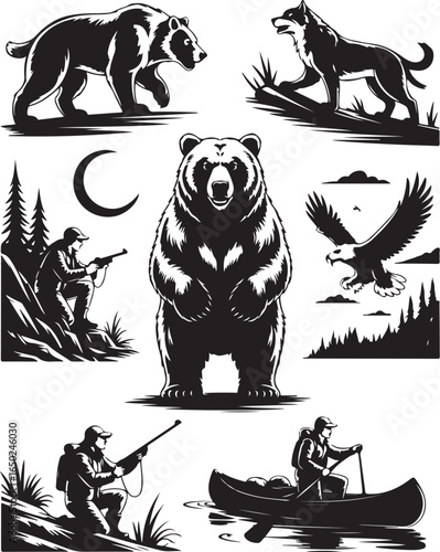 Adventure awaits: hunters and wildlife in nature scenes