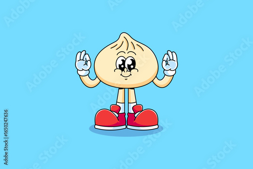 Bao buns dim sum dumpling retro cartoon character mascot with showing ok hands for street food, restaurant mascots and merchandise. Vector Illustration