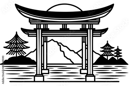 Minimal Japanese Torii Gate by Lake Flat Vector Design