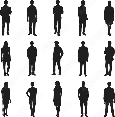 Silhouettes of people standing in various poses, casual stances, body language, isolated black figures, white background, grid arrangement, diverse human postures