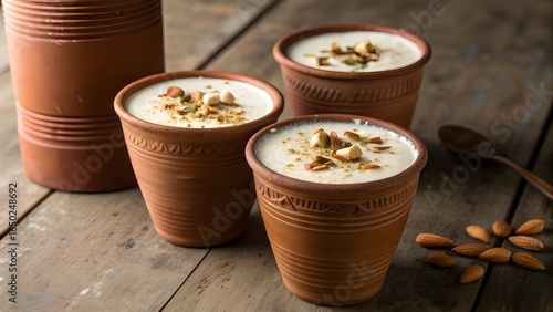 Traditional Indian Sweet Lassi in Clay Cups Garnished with Dry Fruits and Nuts