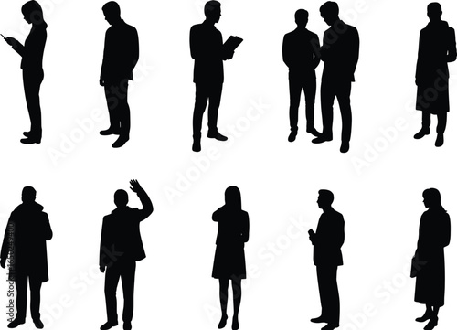 Silhouettes of people in various poses, standing, reading, using phones, waving, conversing, human posture study, lifestyle scene, design reference illustration