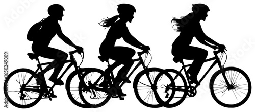 silhouette of three friends riding bicycles side by side