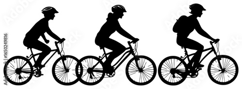 silhouette of three friends riding bicycles side by side