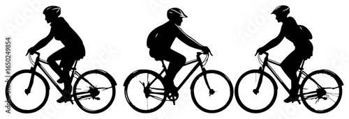silhouette of three friends riding bicycles side by side