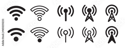 Wireless signal icons set, wi-fi signals and communication towers for technology and connectivity concepts, vector 