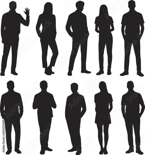 Silhouettes of people in casual poses, standing with hands in pockets, arms crossed, waving, human posture study, lifestyle and design reference
