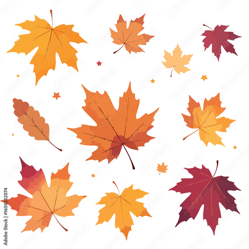 Fototapeta premium A collection of colorful leaves floats against a white background in shades of orange, yellow, and red; ideal for fall designs or seasonal promotions.