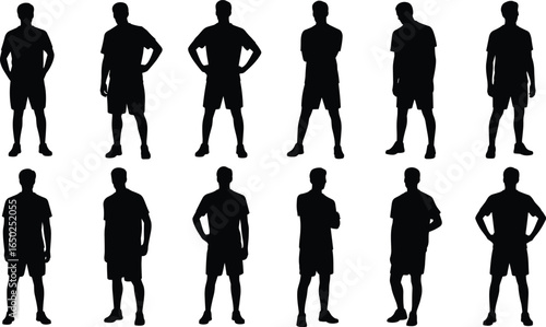 Silhouettes of people in casual clothing, t‑shirts and shorts, various standing poses, human figure reference, posture study, artistic design resource