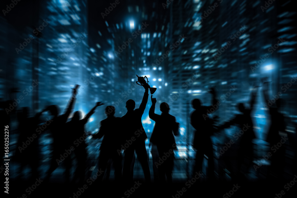 Fototapeta premium Team member is honored with applause, holding a trophy that embodies success, as business professionals celebrate corporate achievement under city lights at night.