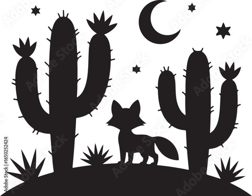 Lone fox under moonlit desert sky with cacti