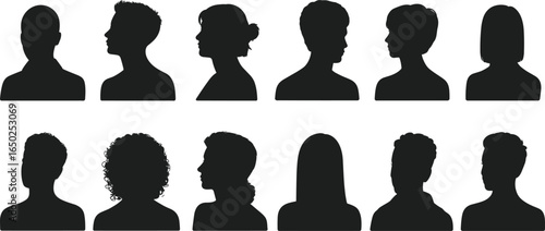 Silhouettes of human head profiles and shoulders, varied hairstyles, diverse face shapes, side and front views, avatar design, identity, creative reference