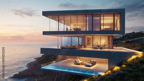 Futuristic minimalist cantilevered villa on a cliffside with floor-to-ceiling glass windows and a stunning ocean view at sunset