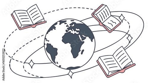 Books orbiting the earth, symbolizing global education and knowledge