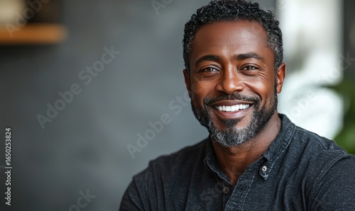 Close-up of a happy man with a wide smile.  Dark-skinned man with graying hair and a short, textured haircut, smiling broadly.  He wears a dark gray button-up shirt.  Blurred background of a room