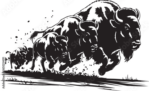 Powerful bison herd charging dynamically across landscape