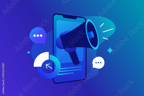 Digital marketing concept with smartphone and loudspeaker, social media digital advertising, online promotion and communication. Social media marketing strategy for web. Modern vector illustration