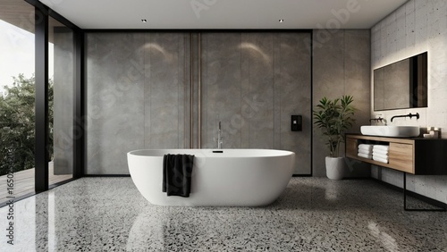 Minimalist bathroom interior with a freestanding bathtub, marble walls, and a large window facing an outdoor garden