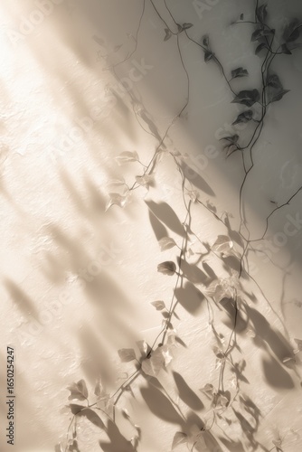 Delicate vine shadows on textured surface, romantic organic background for wedding invitations, floral marketing, nature-inspired home decor
