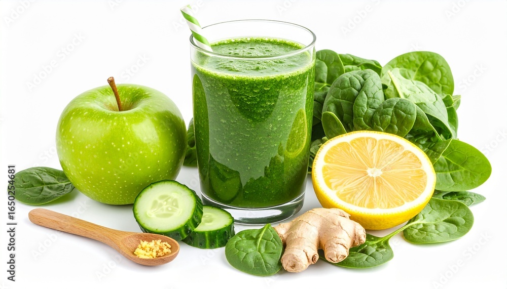 Fototapeta premium Glass green smoothie and spinach, cucumber, apple, tablespoon bowl lemon juice, grated ginger. Detailed high quality image. 