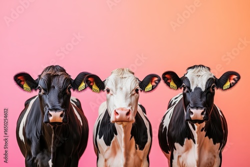 three cows standing in a row against a pink and orange gradient background