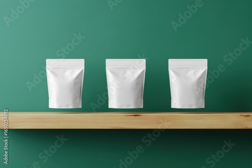 white resealable pouches mockup on wooden shelves with green background