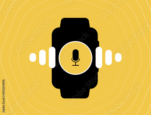 Voice Assistant concept with smartwatch interface and microphone icon. Modern wearable technology, digital communication and hands free voice control for web design and advertising vector illustration