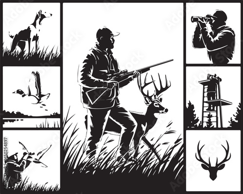 Hunter with rifle and deer, dog, ducks, and blind
