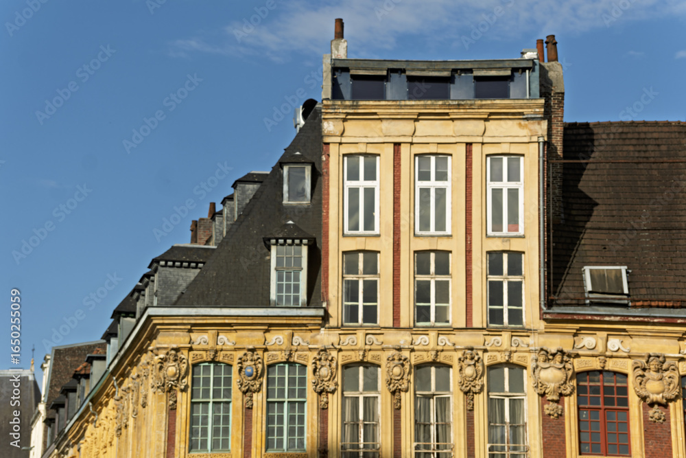 Obraz premium window decorations, with pediments curved, triangular, adorned with cartouches, garlands, in the Flemish Renaissance style. of the Old Stock Exchange in Lille, France.