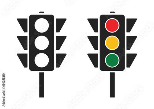 Vector traffic light icon set in flat design. Street semaphore illustration with red, yellow, green lights and a simple black and white outline. c.eps