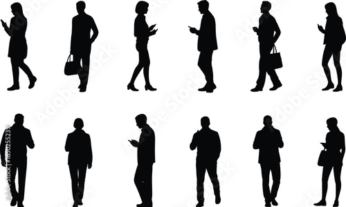 Silhouettes of diverse people using smartphones outdoors, walking, standing, connected digitally, technology lifestyle, modern urban communication, mobile devices in daily routine