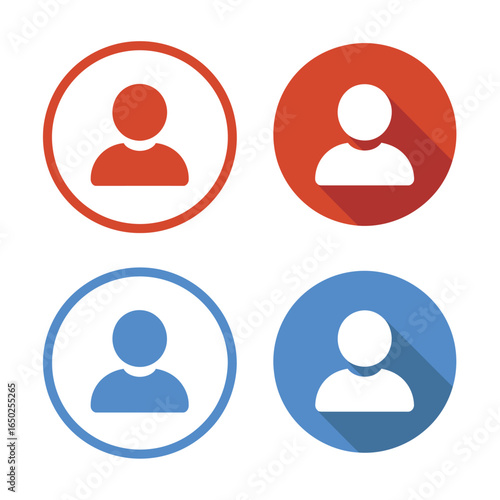 Set of user profile icons in flat and outline styles. Red and blue circular vector pictograms representing a person, member, or avatar for web and app user interface design.