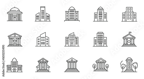 Collection of modern and classic building icons, representing government, education, and corporate institutions in a clean line art style.