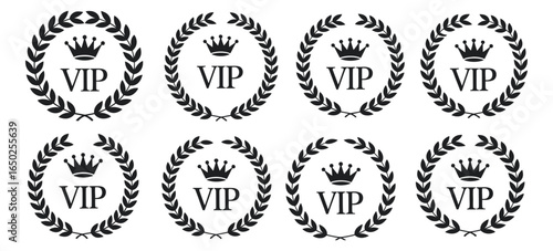 Vector set of monochrome VIP emblems with royal crowns and laurel wreaths. A collection of exclusive award icons and luxury symbols for success concepts c.eps.