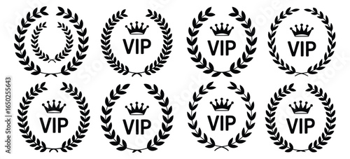 Collection of black VIP emblems featuring a laurel wreath and crown. A set of icons representing exclusivity and premium status.