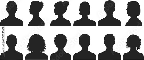 Silhouettes of diverse human profiles, side and front views, anonymous people with varied hairstyles, diversity concept, identity, design and creative reference