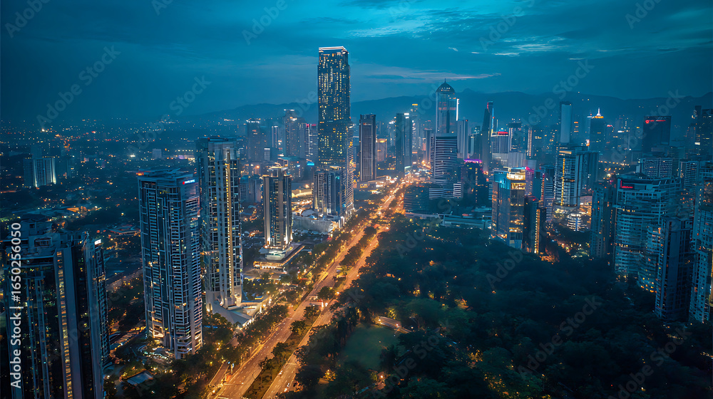 Obraz premium Aerial view of modern metropolis skyline with glowing skyscrapers during blue hour, showcasing urban development concept.