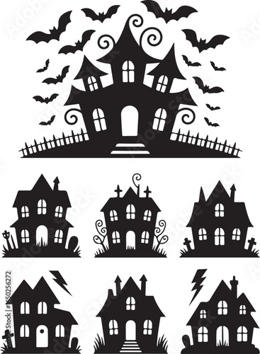 Spooky haunted houses and bats silhouette collection