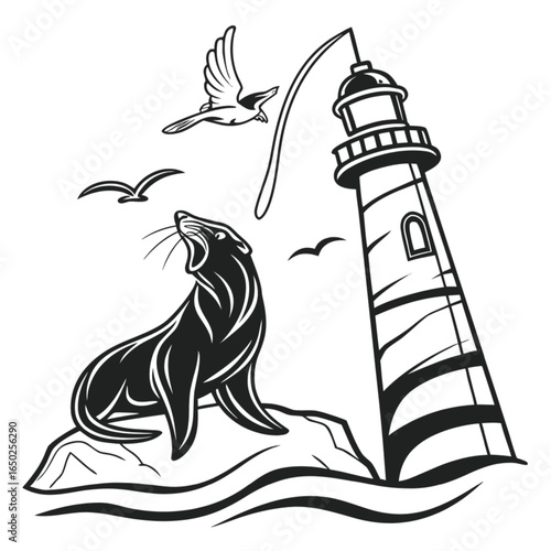 Sea Lion on a Rock with a Lighthouse and Seagulls Vector