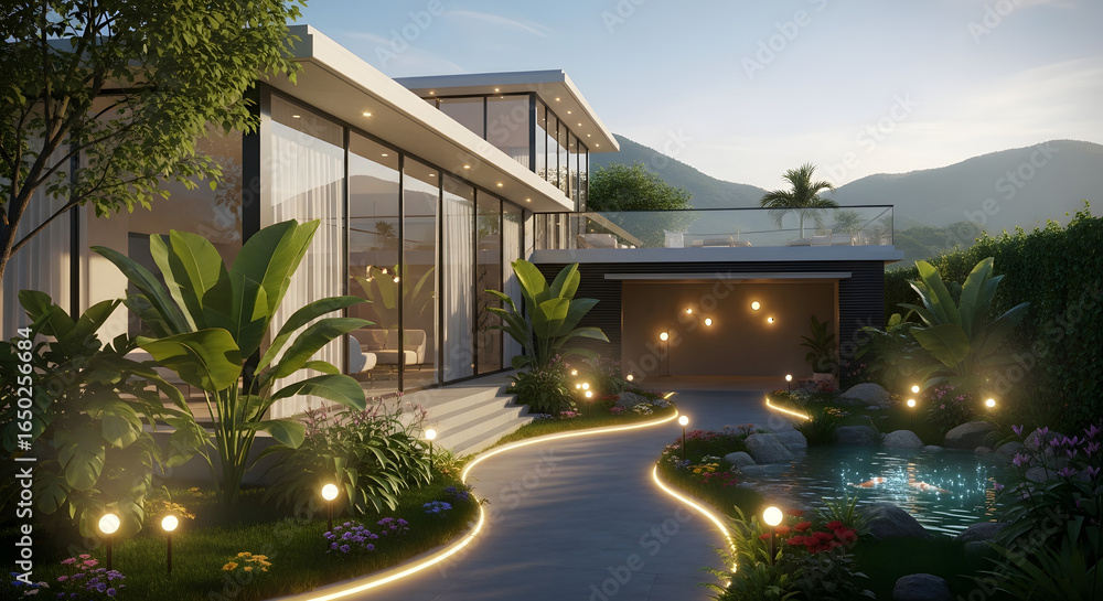 Fototapeta premium Modern Home with Glowing Landscape Lighting and Lush Greenery